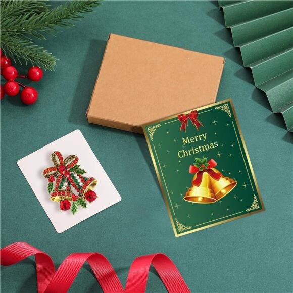 Elegant Vintage Christmas Bell Brooch – Red & Green Rhinestone Holiday Pin - Picture 6 of 7